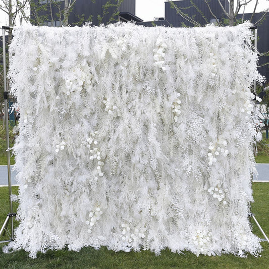 Rolling Up Curtain Cream White Misty Smog Pampas Flower Wall Cloth Artificial Plant Wall Wedding Backdrop Decor Party Stage Layout