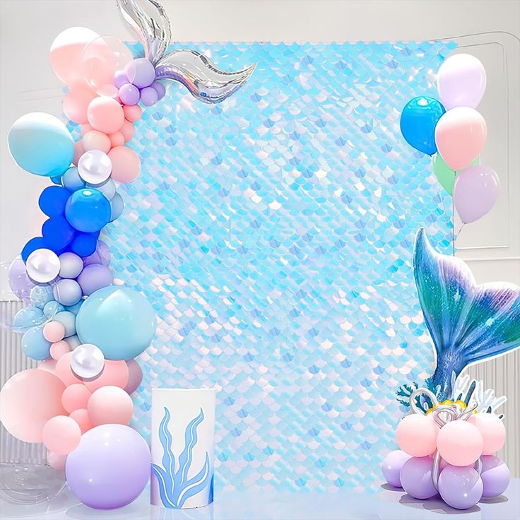 Rainbow Blue Mermaid Scale Sequin Shimmer Backdrop Wall Panels For Birthday Baby Shower Party Decoration