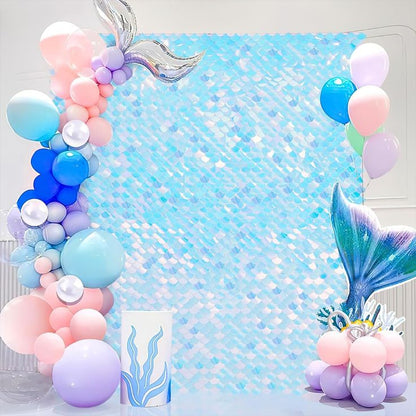 Rainbow Blue Mermaid Scale Sequin Shimmer Backdrop Wall Panels For Birthday Baby Shower Party Decoration