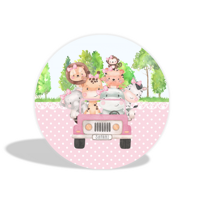 Pink safari animal theme birthday baby shower party decoration round circle backdrop cover plinth cylinder pedestal cover