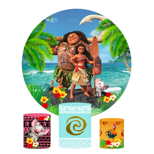 Moana theme birthday party decoration round circle backdrop cover plinth cylinder pedestal cover