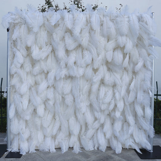 3D White Feather Fabric Rolling Up Curtain Flower Wall Cloth Artificial Plant Wall Wedding Backdrop Decor Party Stage Layout