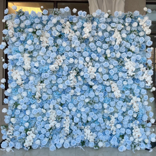 Handmade Artificial Cloth Curtain Silk Blue Flower Wall For Birthday Wedding Backdrop Decoration Outdoor Event Party Decor Props