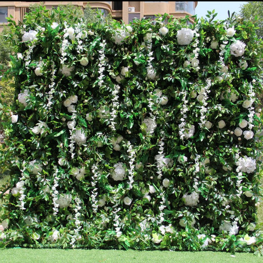 Rolling Up Cloth Curtain Silk Green Plant White Flower Wall For Birthday Wedding Backdrop Decoration Outdoor Event Party Decor Props