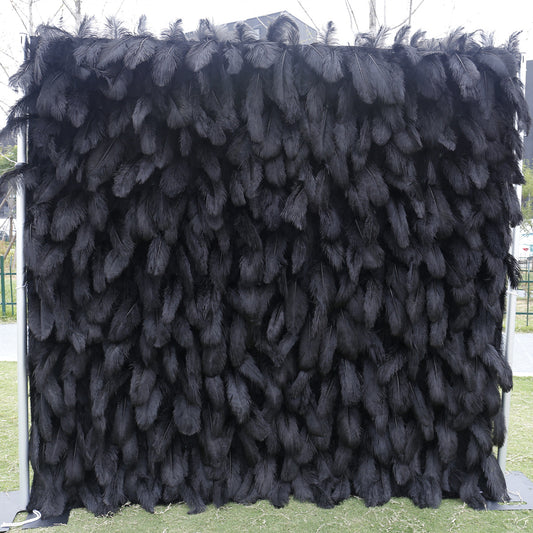 3D Black Feather Fabric Rolling Up Curtain Flower Wall Cloth Artificial Plant Wall Wedding Backdrop Decor Party Stage Layout