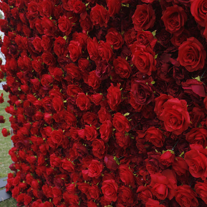 Handmade Artificial Cloth Curtain Silk Red Flower Rose Wall Wedding Backdrop Decoration Outdoor Event Party Decor Props