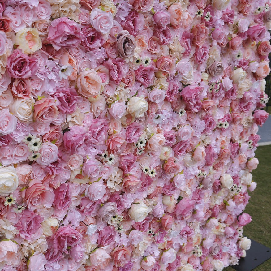 Pink Rolling Up Cloth Curtain Silk Flower Wall For Birthday Wedding Backdrop Decoration Outdoor Event Party Decor Props