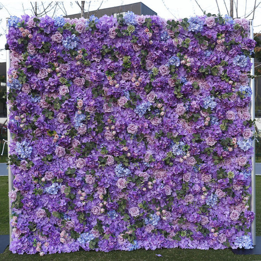 Rolling Up Cloth Curtain Silk Purple Flower Wall For Birthday Wedding Backdrop Decoration Outdoor Event Party Decor Props