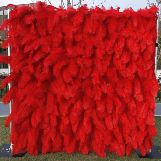 3D Red Feather Fabric Rolling Up Curtain Flower Wall Cloth Artificial Plant Wall Wedding Backdrop Decor Party Stage Layout