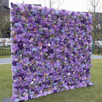 Handmade Artificial Cloth Curtain Purple Silk Flower Wall Wedding Backdrop Decoration Outdoor Event Party Decor Props