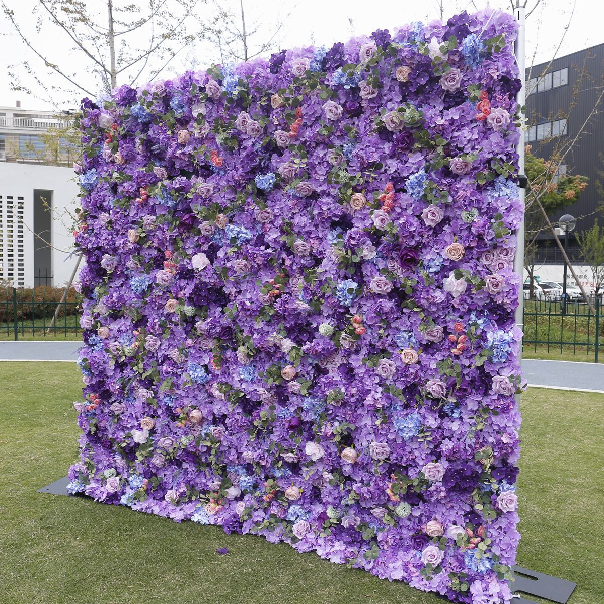 Handmade Artificial Cloth Curtain Purple Silk Flower Wall Wedding Backdrop Decoration Outdoor Event Party Decor Props