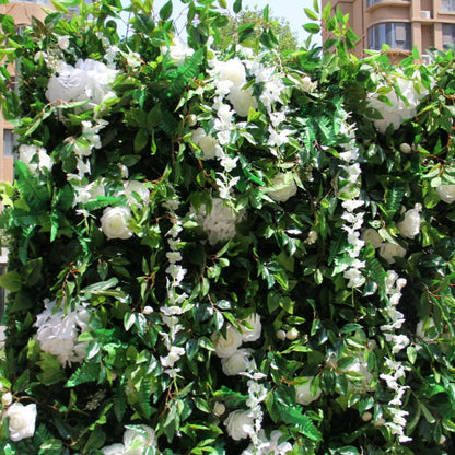 Rolling Up Cloth Curtain Silk Green Plant White Flower Wall For Birthday Wedding Backdrop Decoration Outdoor Event Party Decor Props
