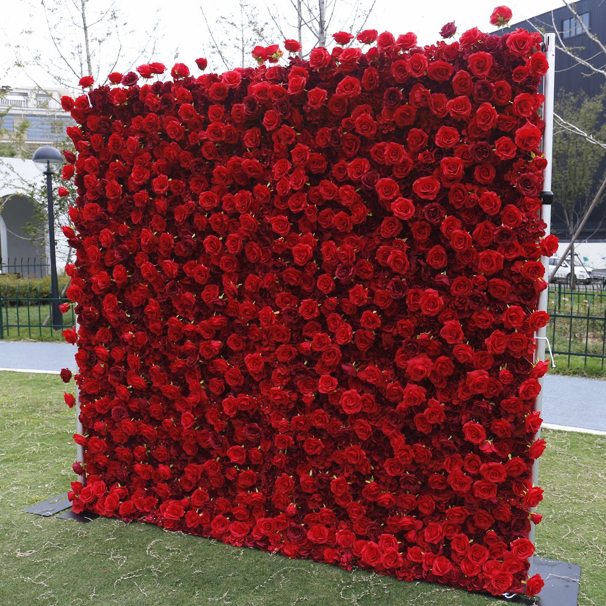 Handmade Artificial Cloth Curtain Silk Red Flower Rose Wall Wedding Backdrop Decoration Outdoor Event Party Decor Props