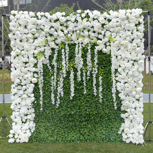 Cloth Curtain Silk White Rose Flower Green Plant Wall For Birthday Wedding Backdrop Decoration Outdoor Event Party Decor Props