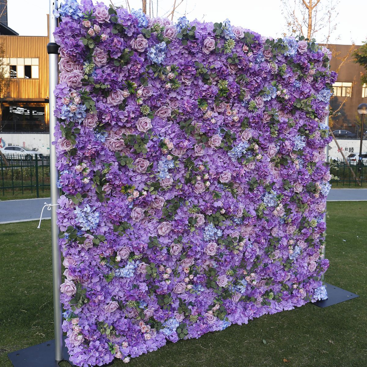 Rolling Up Cloth Curtain Silk Purple Flower Wall For Birthday Wedding Backdrop Decoration Outdoor Event Party Decor Props