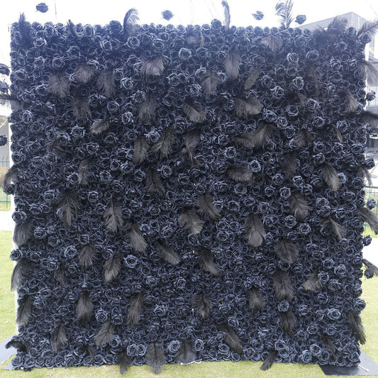 Handmade Artificial Fabric Rolling Up Curtain Black Rose Flower Wall Backdrop For Birthday Wedding Decor