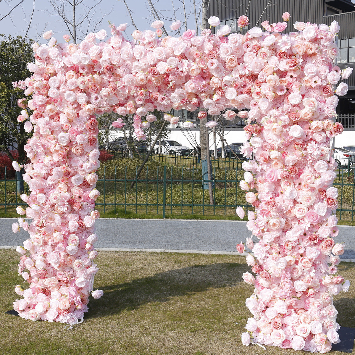 Handmade Artificial Cloth Curtain Pink Silk Flower Wall Arch Wedding Backdrop Decoration Outdoor Event Party Decor Props