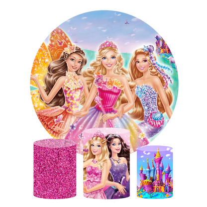 Barbie theme birthday party decoration round circle backdrop cover plinth cylinder pedestal cloth cover