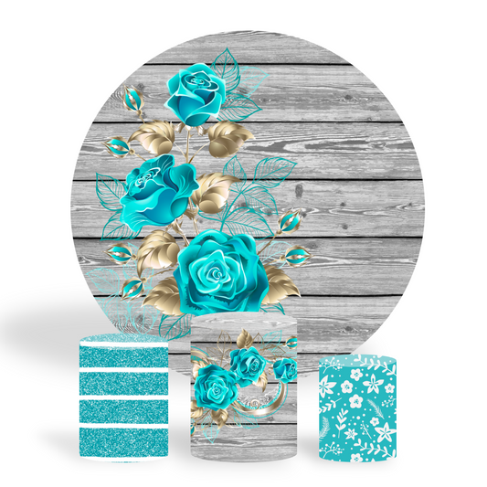 Wood blue rose birthday party decoration round circle backdrop cover plinth cylinder pedestal cloth cove
