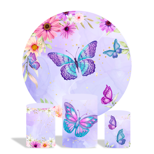 Purple butterfly theme birthday baby shower party decoration round circle backdrop cover plinth cylinder pedestal cover