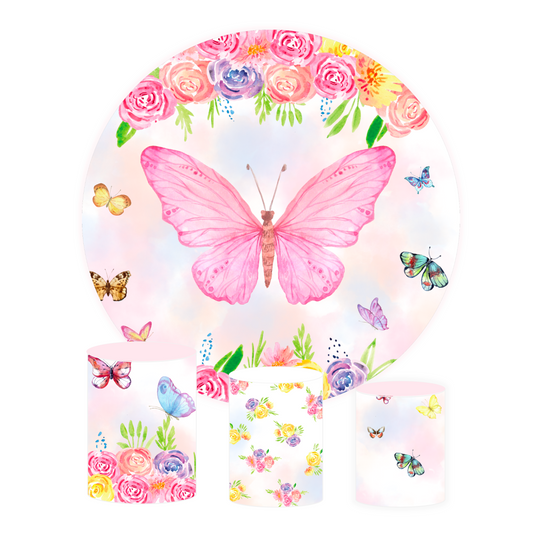 Pink butterfly theme birthday baby shower party decoration round circle backdrop cover plinth cylinder pedestal cover