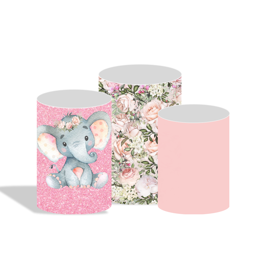 Flora baby elephant birthday baby shower party decoration round circle backdrop cover plinth cylinder pedestal cloth cover