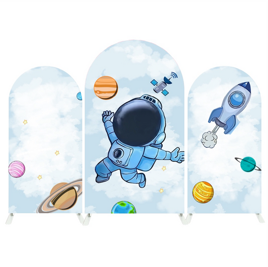 Blue Galaxy Space Astronaut Cartoon Arch Backdrop Wall Cloth Cover For Birthday Baby Shower Party