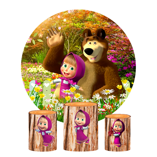Masha and the bear birthday party decoration round circle backdrop cover plinth cylinder pedestal cloth cover