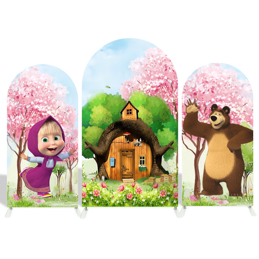 Masha And The Bear Theme Happy Birthday Party Arch Backdrop Wall Cloth Cover