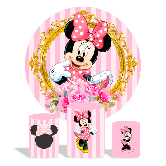 Minnie theme birthday party decoration round circle backdrop cover plinth cylinder pedestal cover