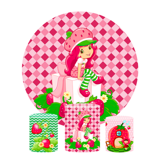 Strawberry shortcake happy birthday party decoration round circle backdrop cover plinth cylinder pedestal cloth cover