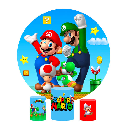 Mario theme birthday party decoration round circle backdrop cover plinth cylinder pedestal cloth cover