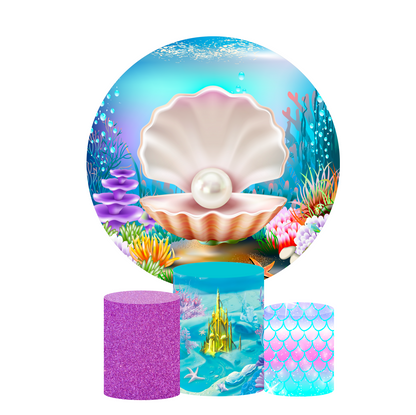 Under the sea mermaid birthday party decoration round circle backdrop cover plinth cylinder pedestal cover