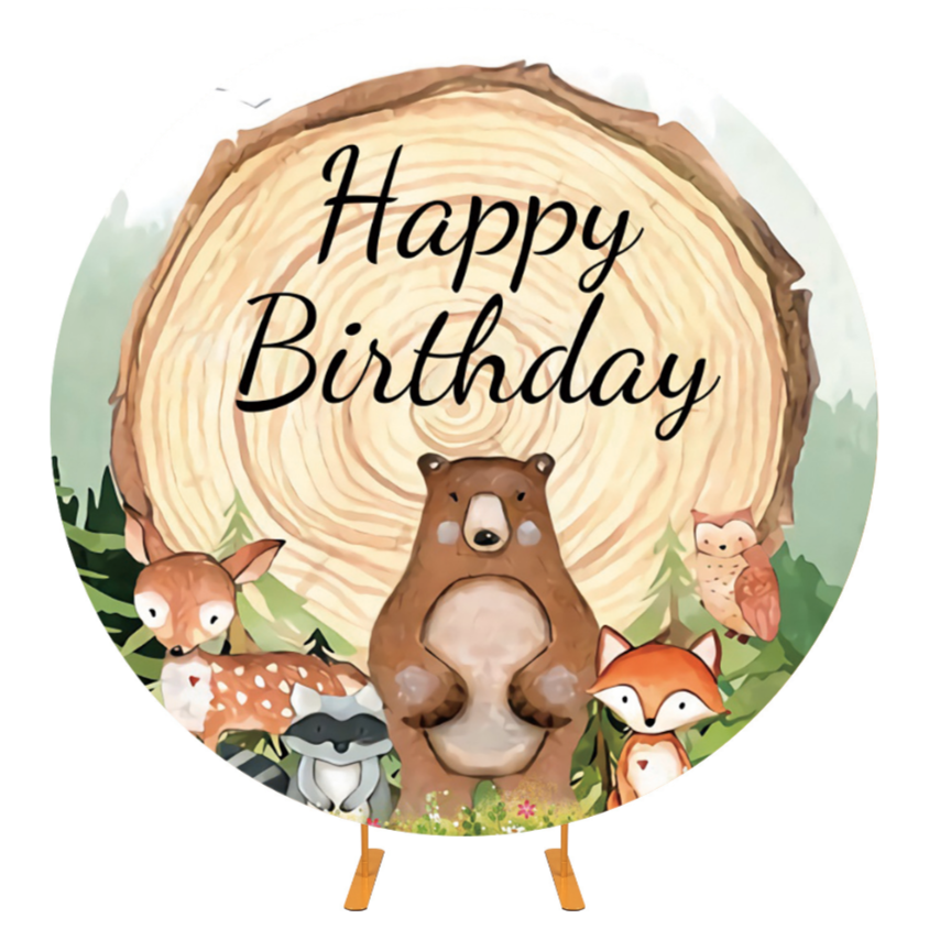 Forest Animal Birthday Round Backdrop Cover