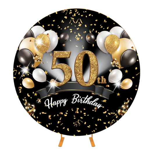 Black Gold Happy 50th Birthday Round Backdrop Cover