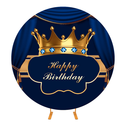 Blue Background Gold Tiara Happy Birthday Circle Backdrop Cover